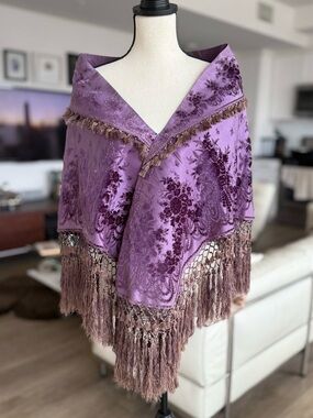 Antique Victorian Edwardian Velvet Burnout Shawl Mauve Silk Fringe Wrap